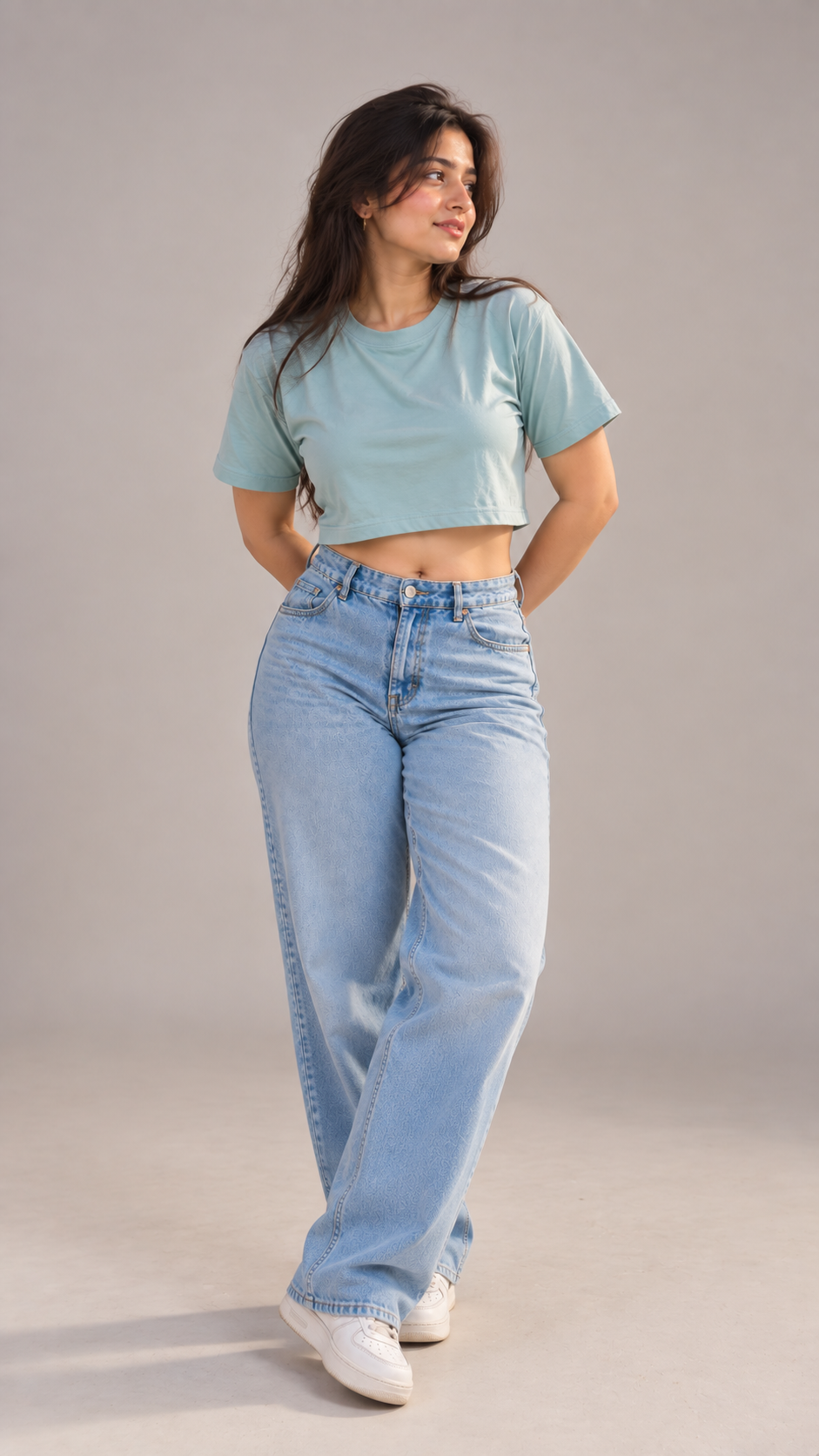 Sage Green Boxy Fit Crew Neck Crop Top for Women