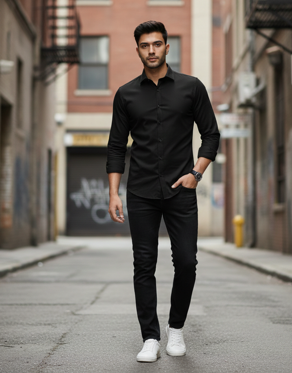 Man in black shirt and pants standing on a city street