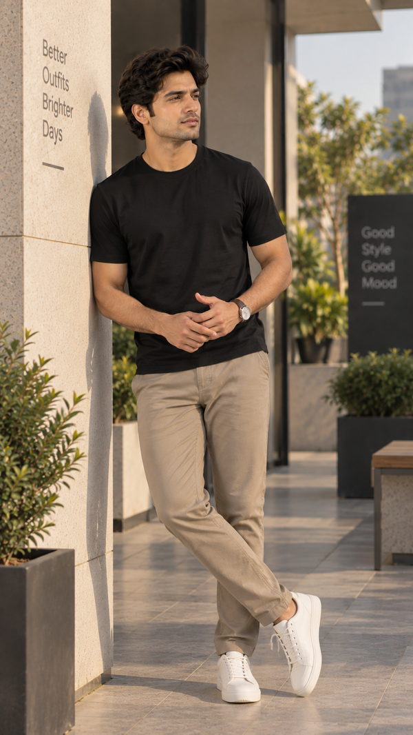 Men’s Solid Black Cotton Lycra Stretch T-Shirt | Regular Fit