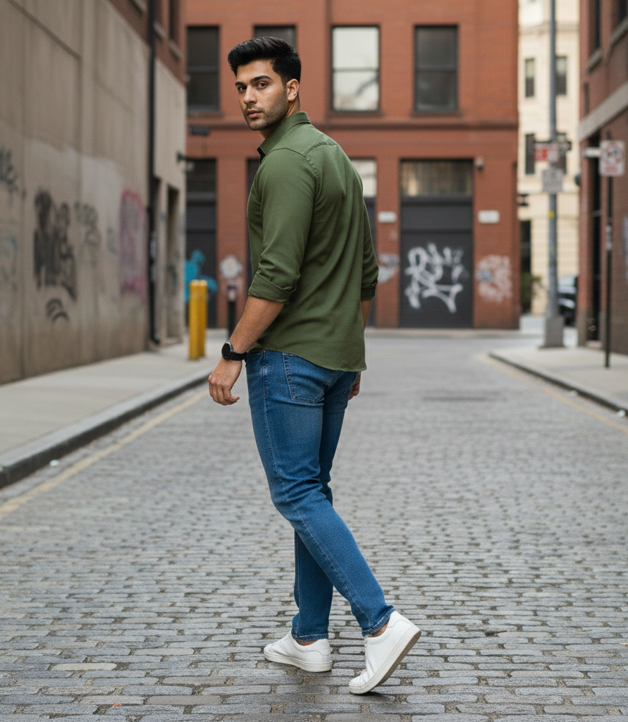 Men’s Olive Green Solid Shirt – Smart Casual Wear
