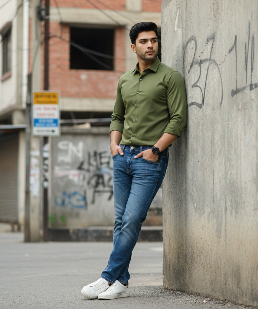 Men’s Olive Green Solid Shirt – Smart Casual Wear