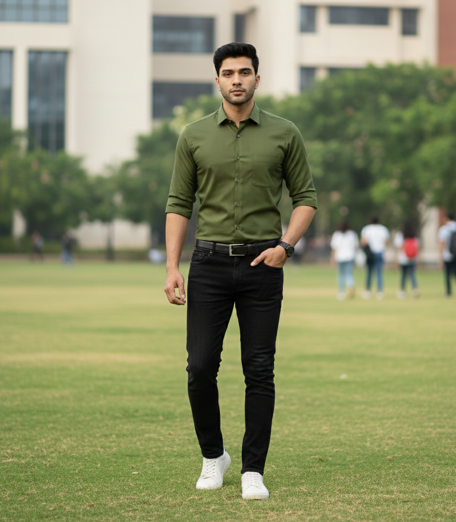 Men’s Olive Green Solid Shirt – Smart Casual Wear