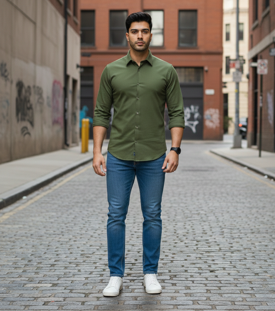 Men’s Olive Green Solid Shirt – Smart Casual Wear
