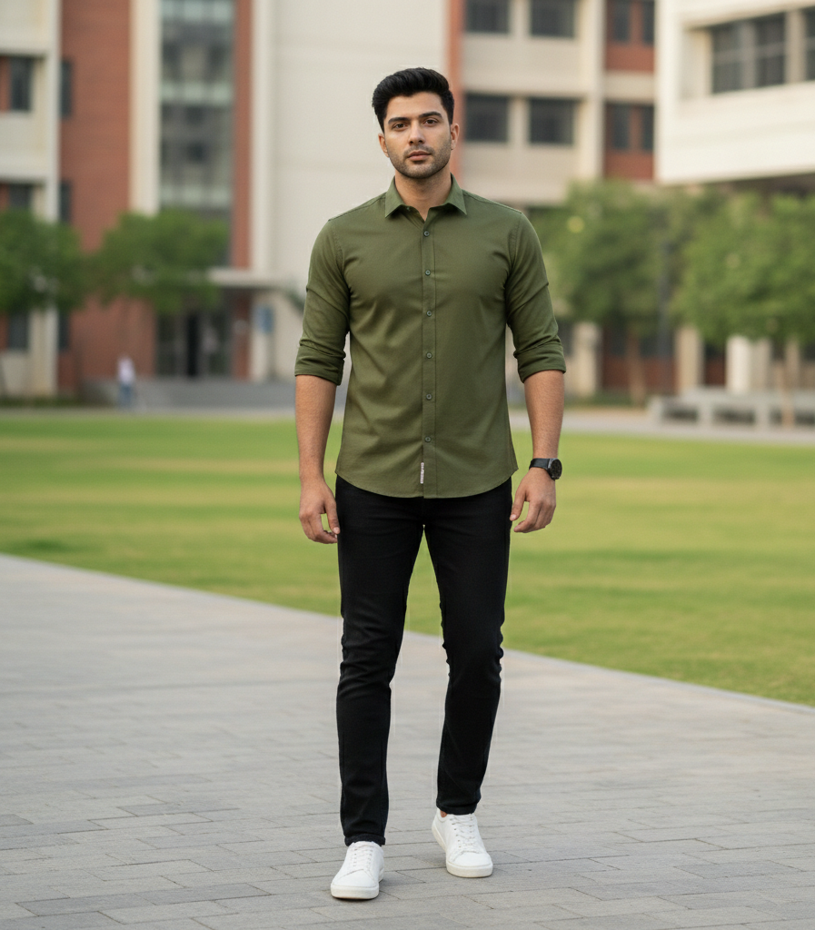 Men’s Olive Green Solid Shirt – Smart Casual Wear