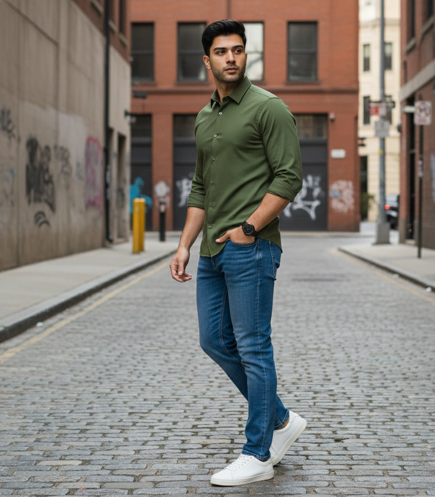 Men’s Olive Green Solid Shirt – Smart Casual Wear