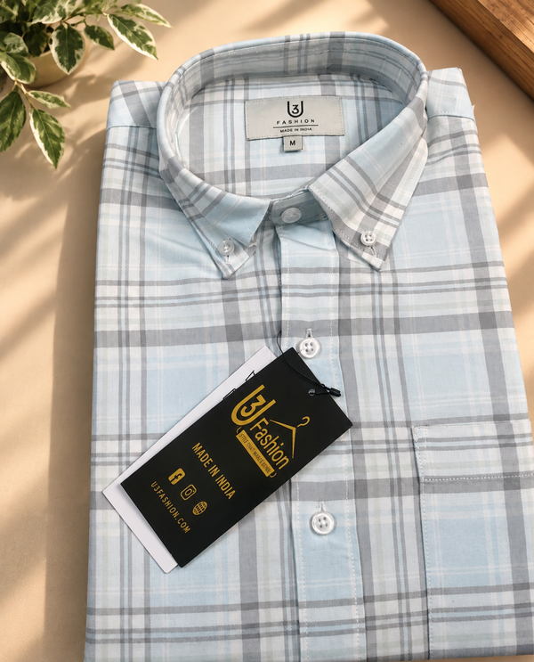 Men’s Light Sage Green Checked 100% Cotton Shirt | Regular Fit