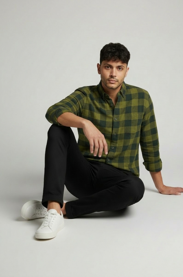 Men’s Olive Green Check Shirt – Refined Casual Wear
