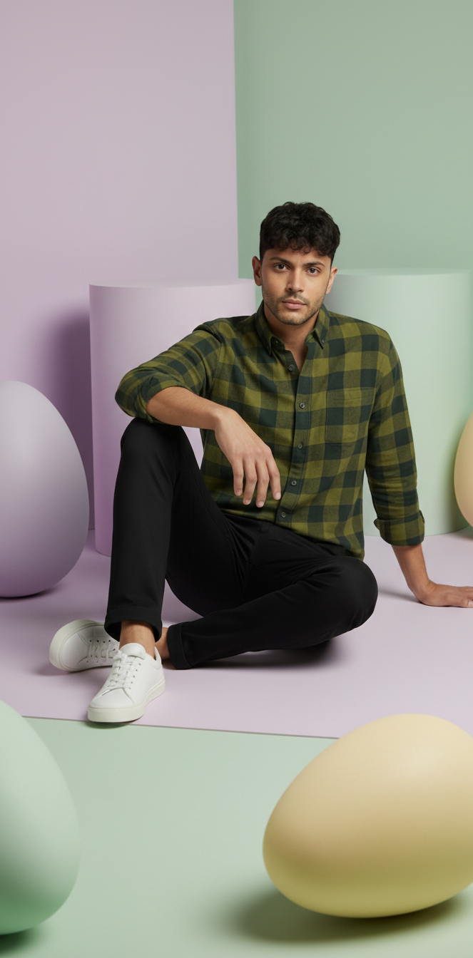 Men’s Olive Green Check Shirt – Refined Casual Wear