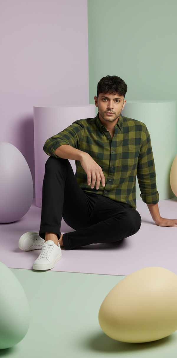 Men’s Olive Green Check Shirt – Refined Casual Wear