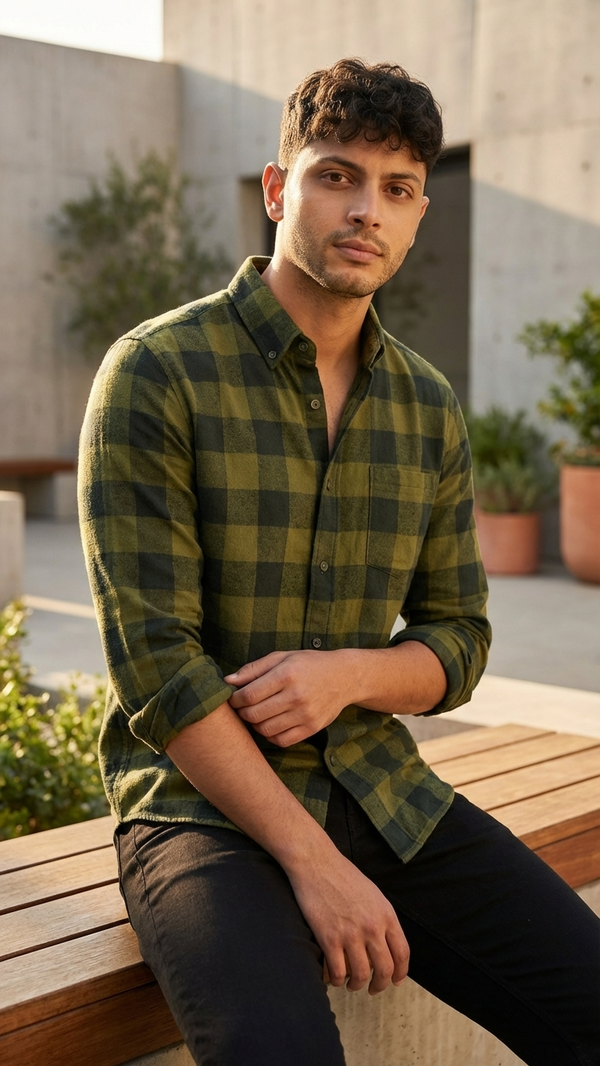 Men’s Olive Green Check Shirt – Refined Casual Wear