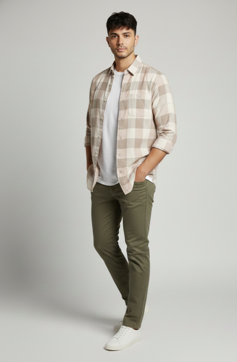Men’s Beige Subtle Check Shirt – Smart Casual Everyday Wear