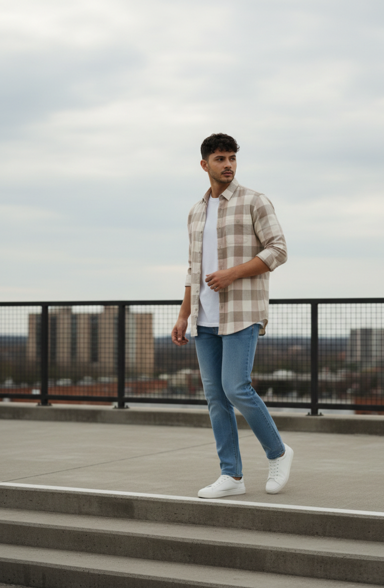 Men’s Beige Subtle Check Shirt – Smart Casual Everyday Wear