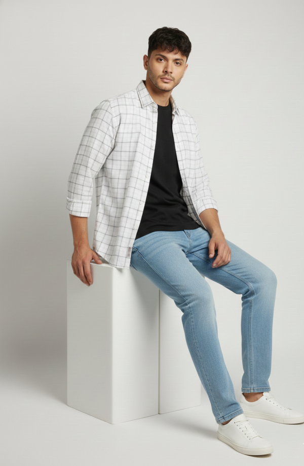 Classic Ivory & Grey Checked Smart Casual Shirt