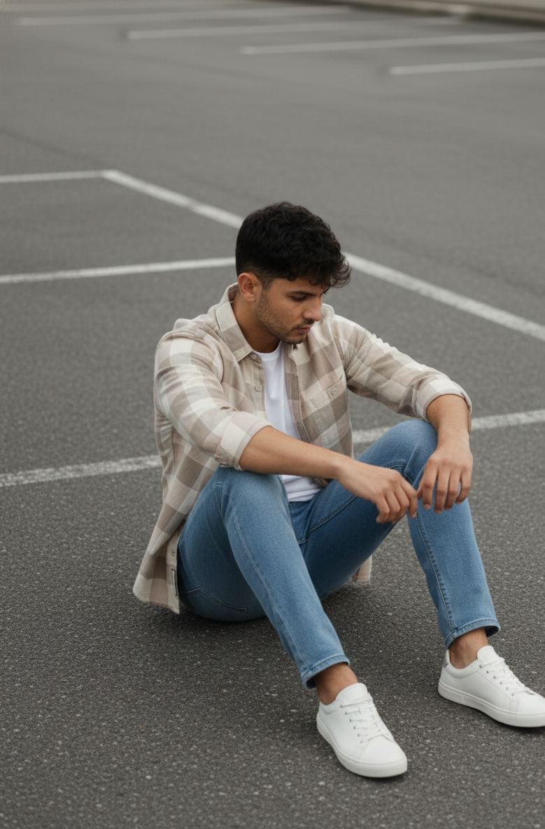 Men’s Beige Subtle Check Shirt – Smart Casual Everyday Wear