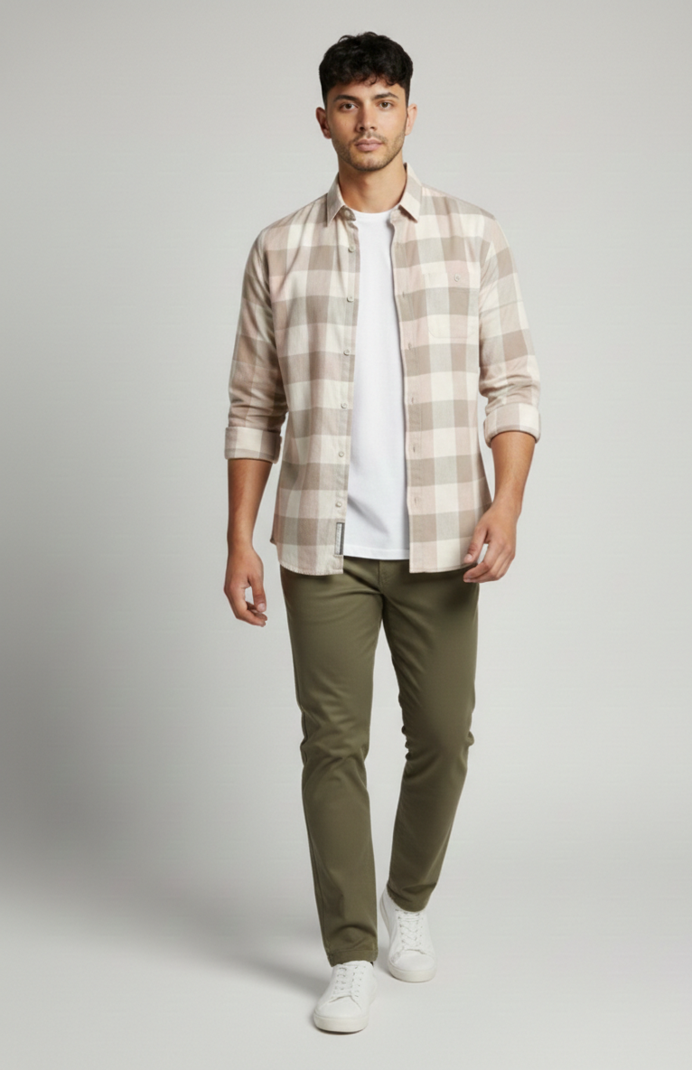 Men’s Beige Subtle Check Shirt – Smart Casual Everyday Wear