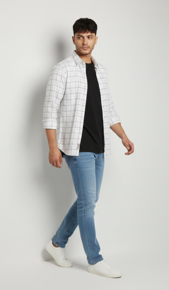 Men’s Off White & Grey Check Shirt – Classic Casual Wear
