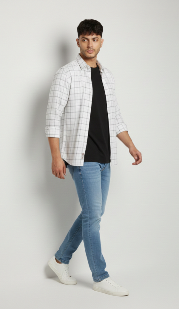 Classic Ivory & Grey Checked Smart Casual Shirt