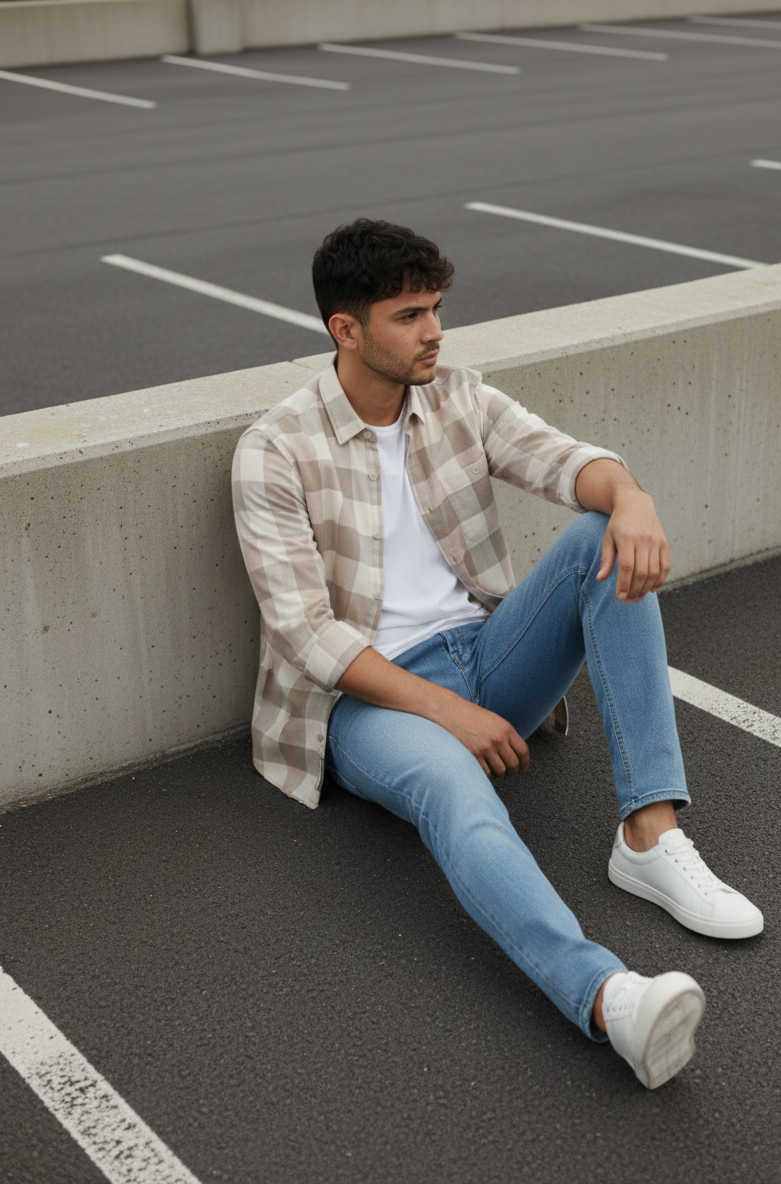 Men’s Beige Subtle Check Shirt – Smart Casual Everyday Wear