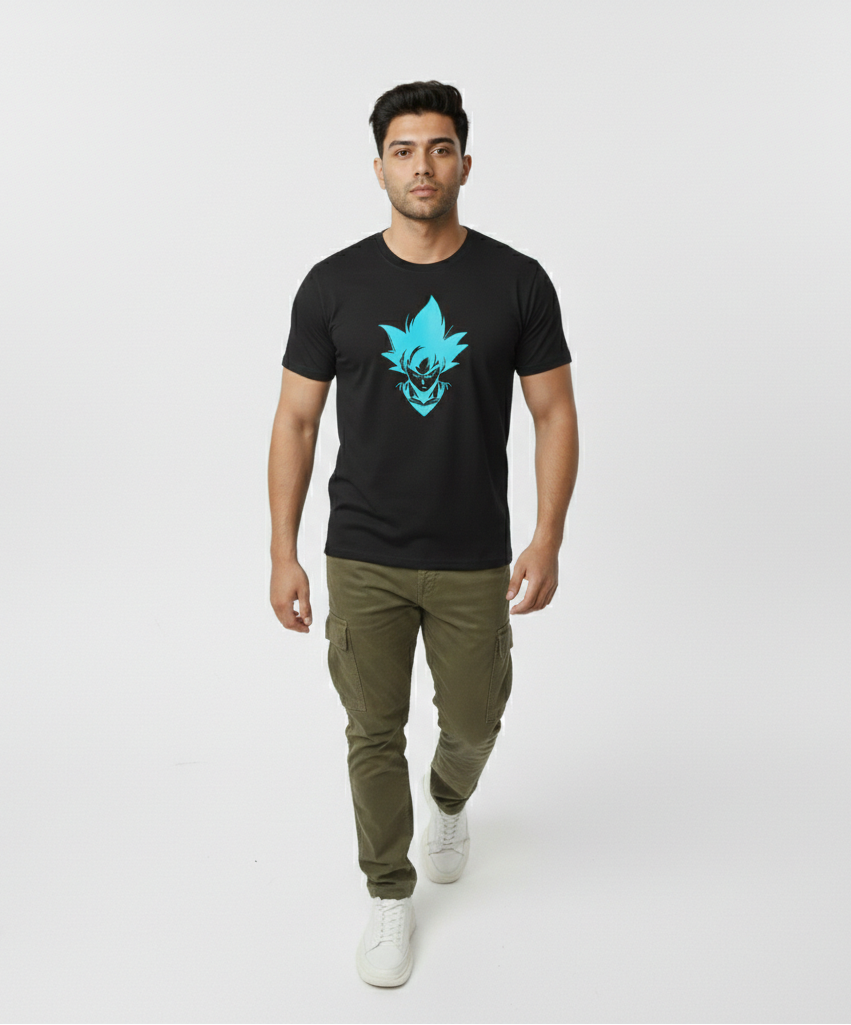 Man wearing a black t-shirt with a blue graphic design on a white background