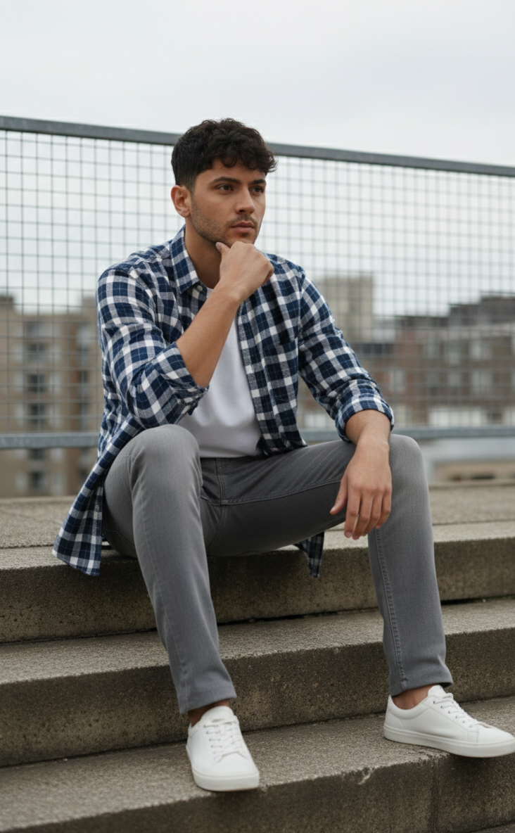Navy Blue & Grey Check Shirt – Relaxed Smart Wear