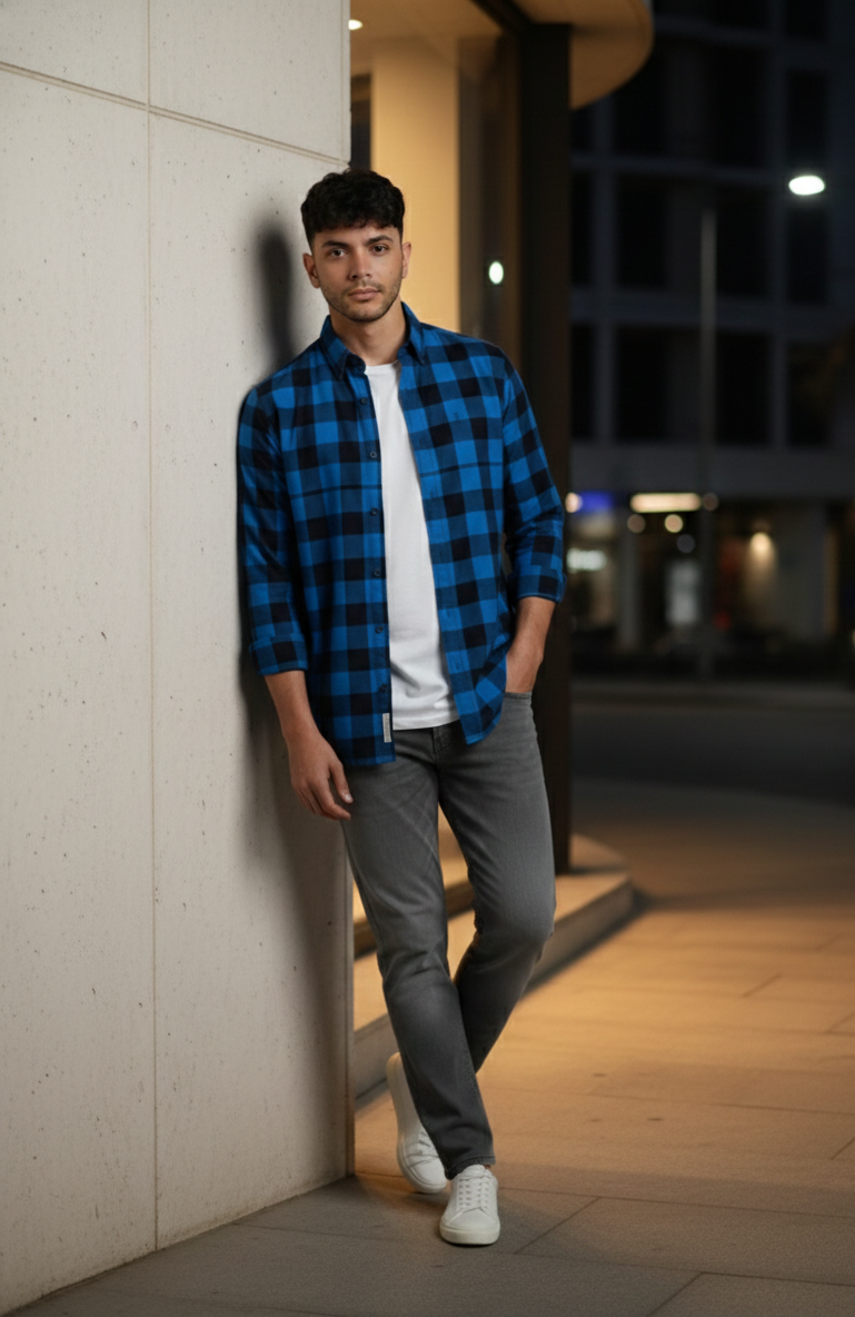 Men’s Blue & Black Check Shirt – Smart Fit Casual Wear