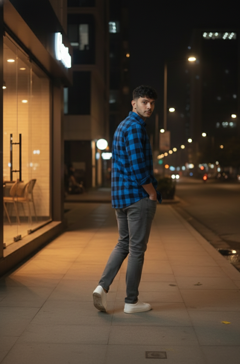 Men’s Blue & Black Check Shirt – Smart Fit Casual Wear