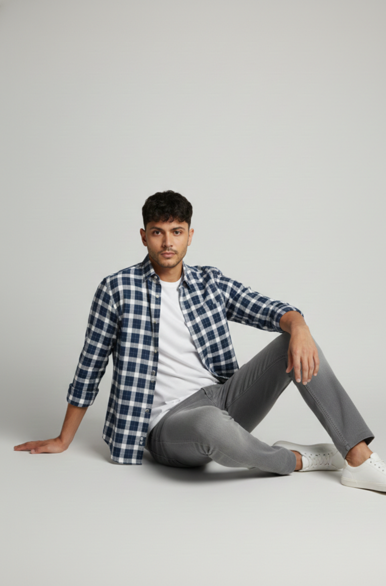 Navy Blue & Grey Check Shirt – Relaxed Smart Wear