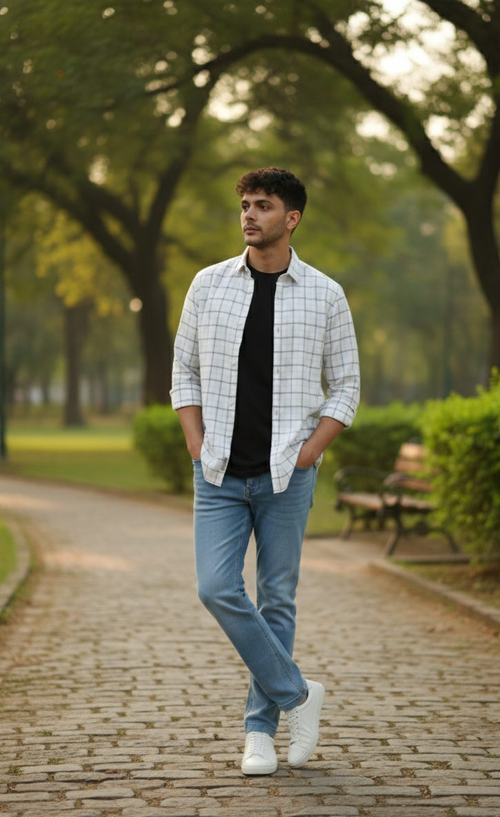 Men’s Off White & Grey Check Shirt – Classic Casual Wear