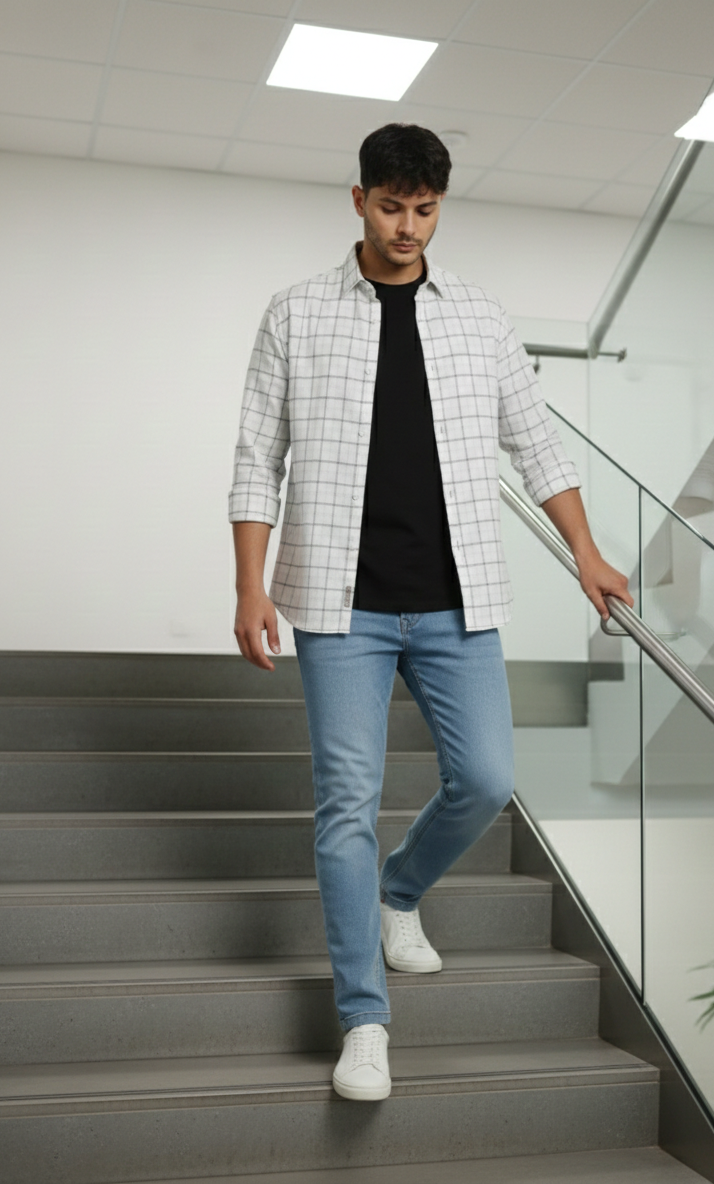 Men’s Off White & Grey Check Shirt – Classic Casual Wear
