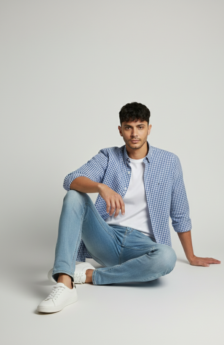 Sky Blue Micro Check Shirt - Modern Smart Fit