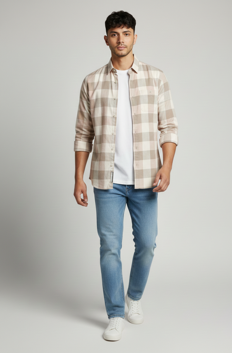 Men’s Beige Subtle Check Shirt – Smart Casual Everyday Wear