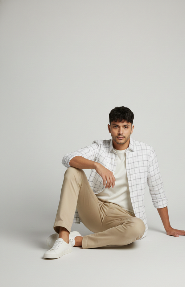 Classic Ivory & Grey Checked Smart Casual Shirt