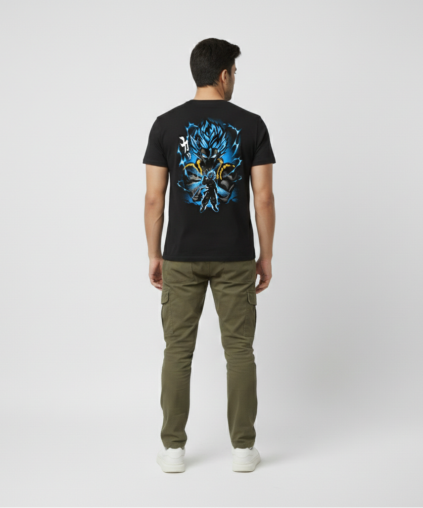 Man wearing a black t-shirt with a blue and white graphic design on the back, standing against a white background.