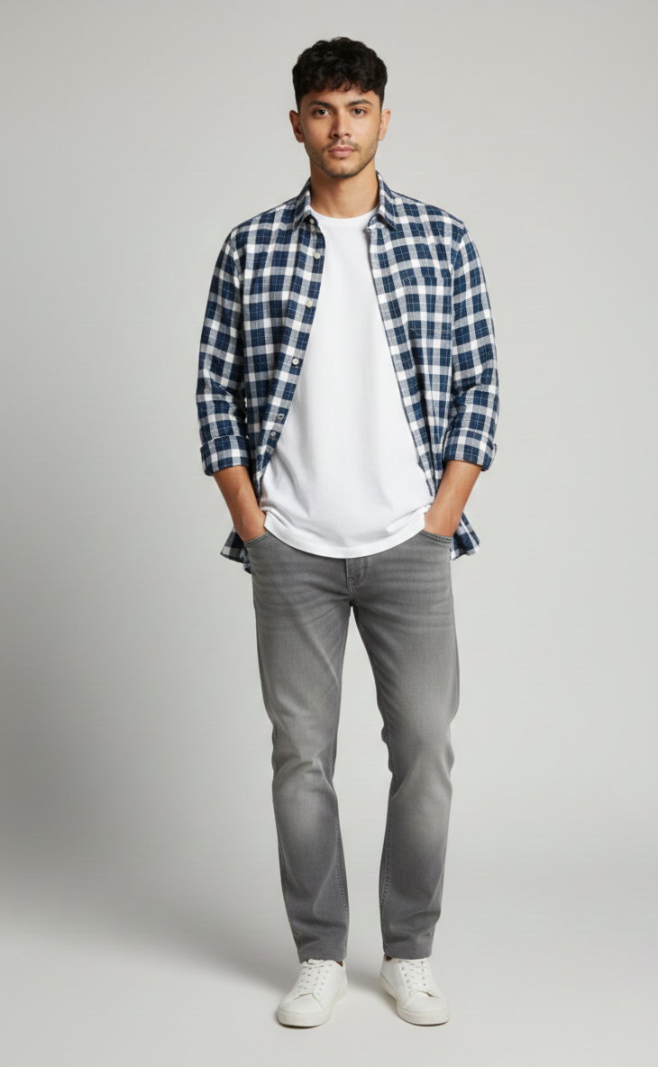 Navy Blue & Grey Check Shirt – Relaxed Smart Wear