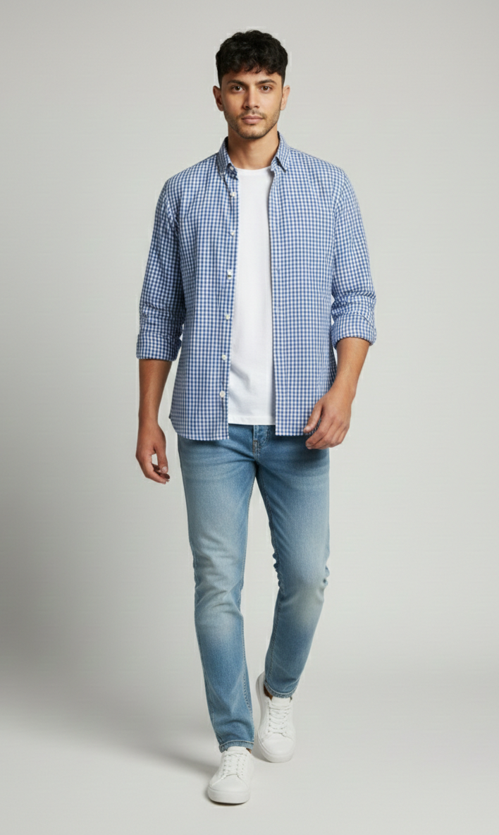 Sky Blue Micro Check Shirt - Modern Smart Fit