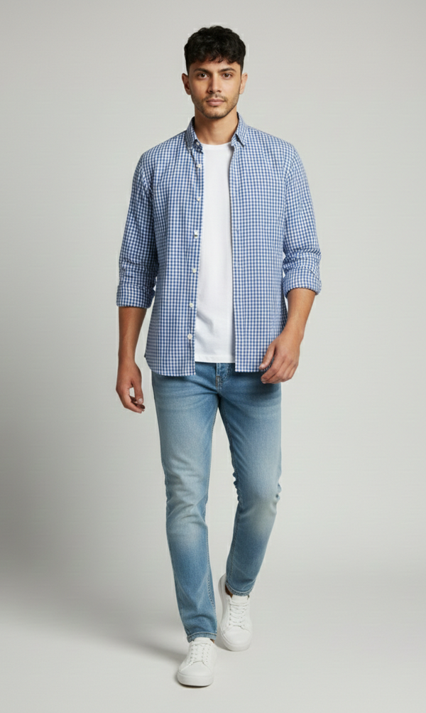 Sky Blue Micro Check Shirt - Modern Smart Fit