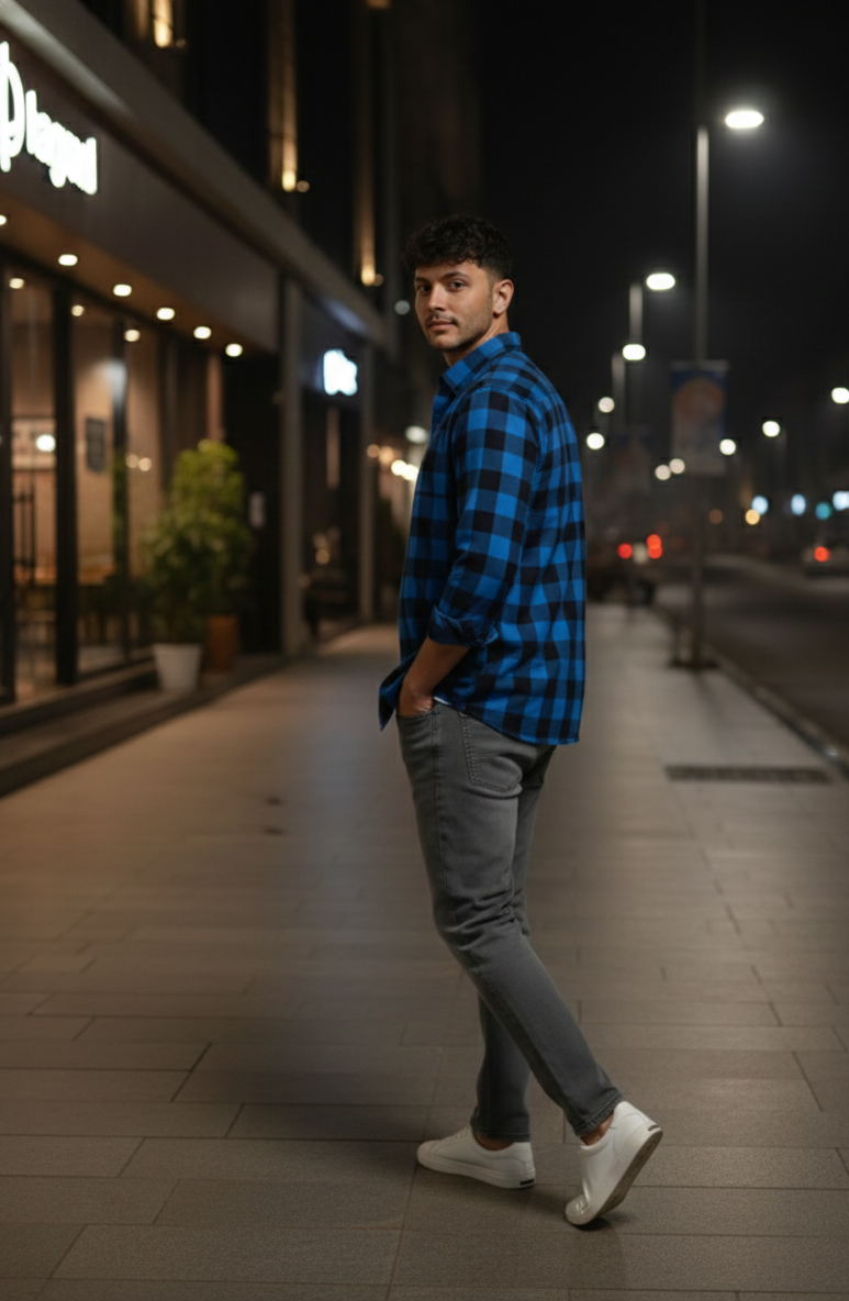 Men’s Blue & Black Check Shirt – Smart Fit Casual Wear