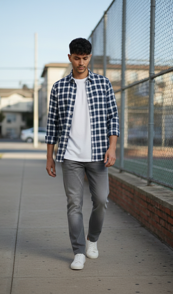 Navy Blue & Grey Check Shirt – Relaxed Smart Wear