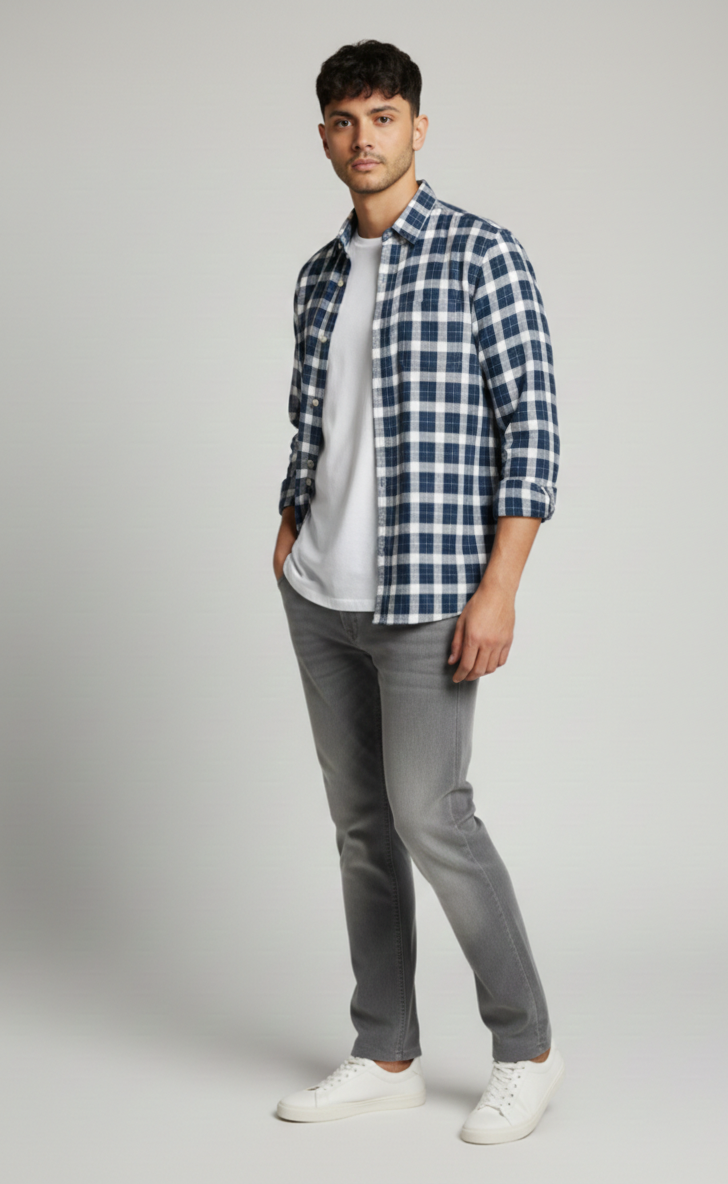 Navy Blue & Grey Check Shirt – Relaxed Smart Wear
