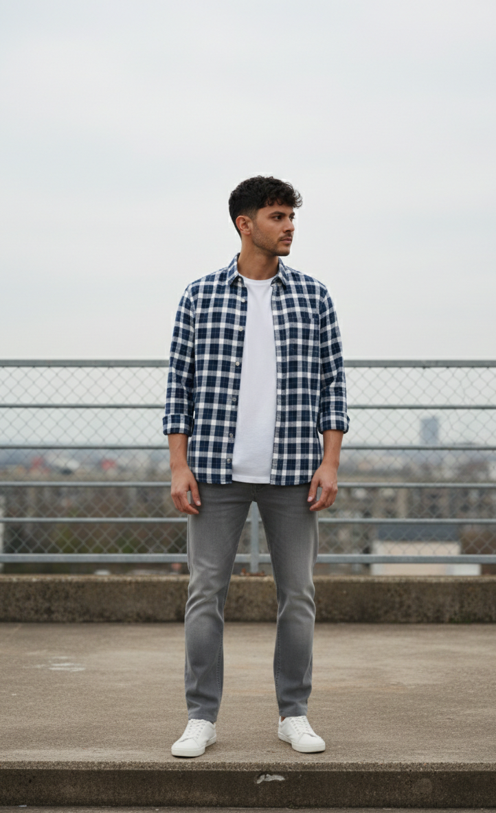 Navy Blue & Grey Check Shirt – Relaxed Smart Wear
