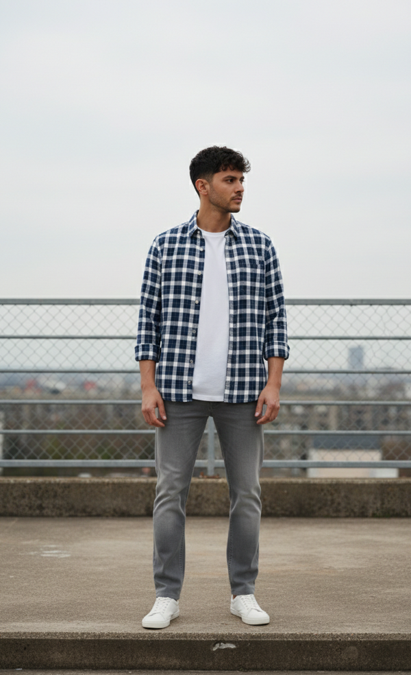 Navy Blue & Grey Check Shirt – Relaxed Smart Wear
