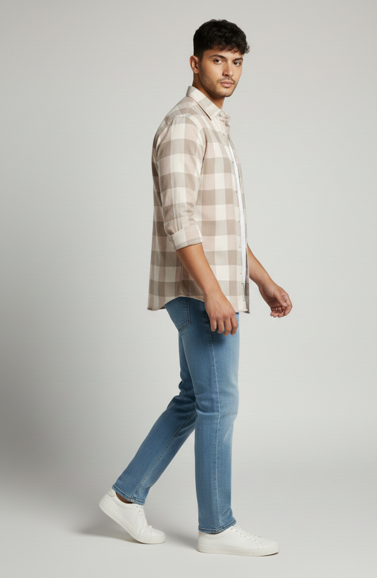 Men’s Beige Subtle Check Shirt – Smart Casual Everyday Wear