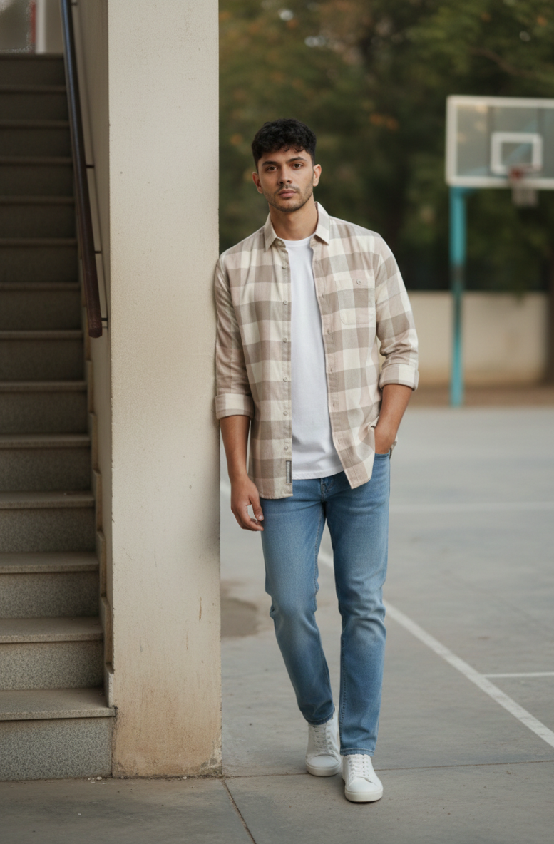 Men’s Beige Subtle Check Shirt – Smart Casual Everyday Wear