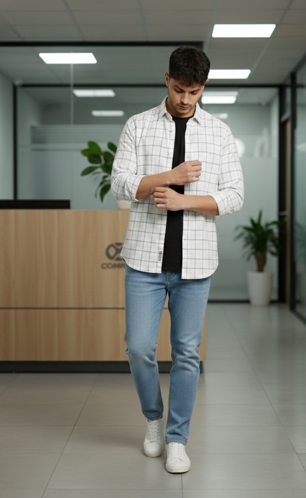 Classic Ivory & Grey Checked Smart Casual Shirt