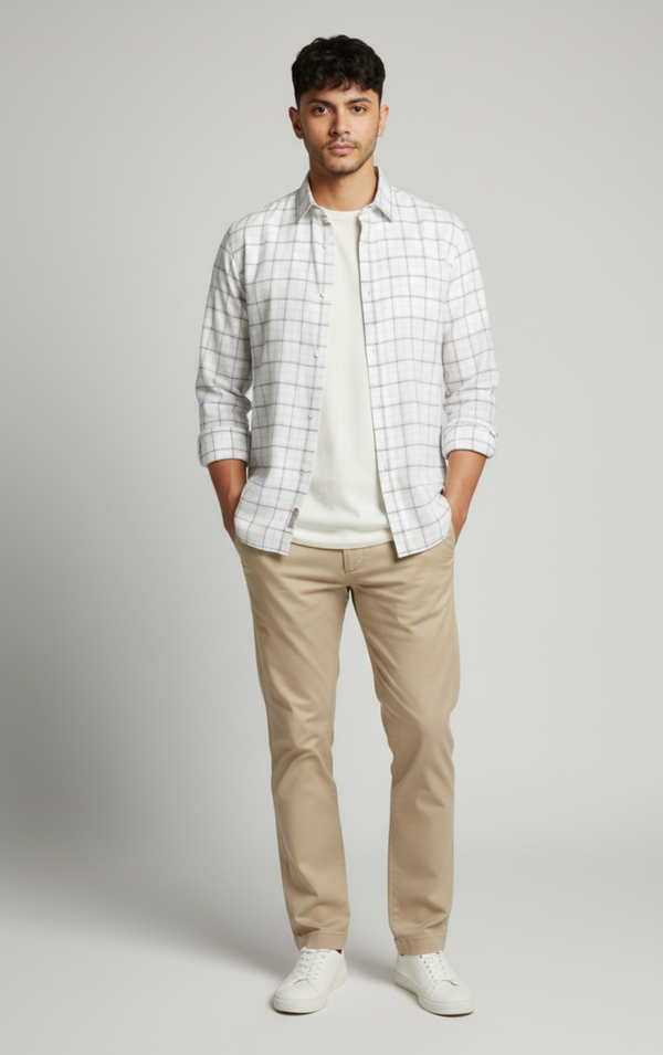 Classic Ivory & Grey Checked Smart Casual Shirt