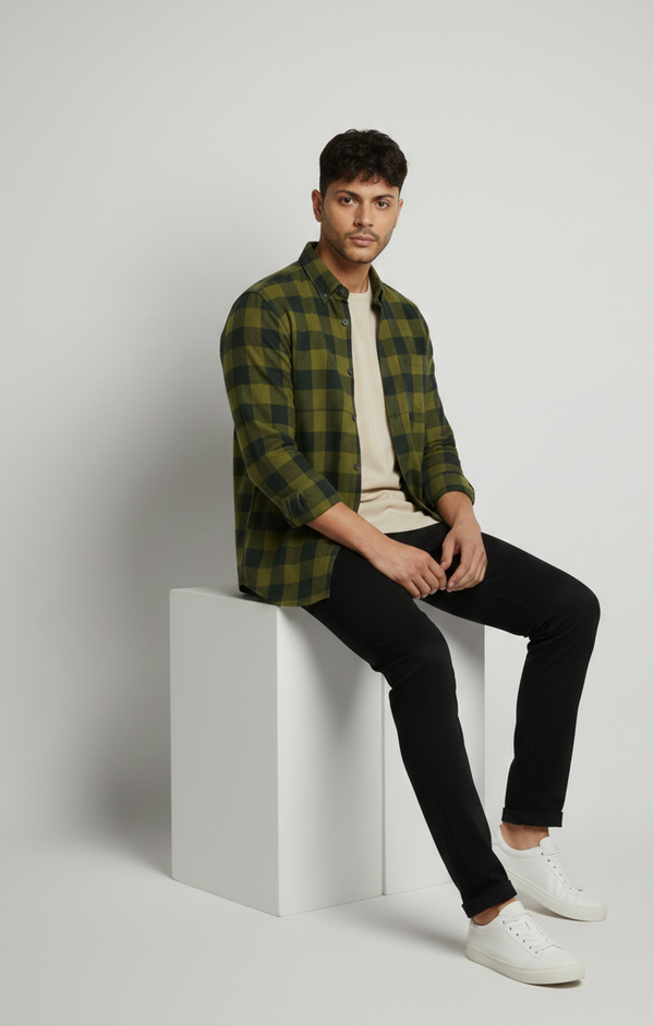 Men’s Olive Green Check Shirt – Refined Casual Wear