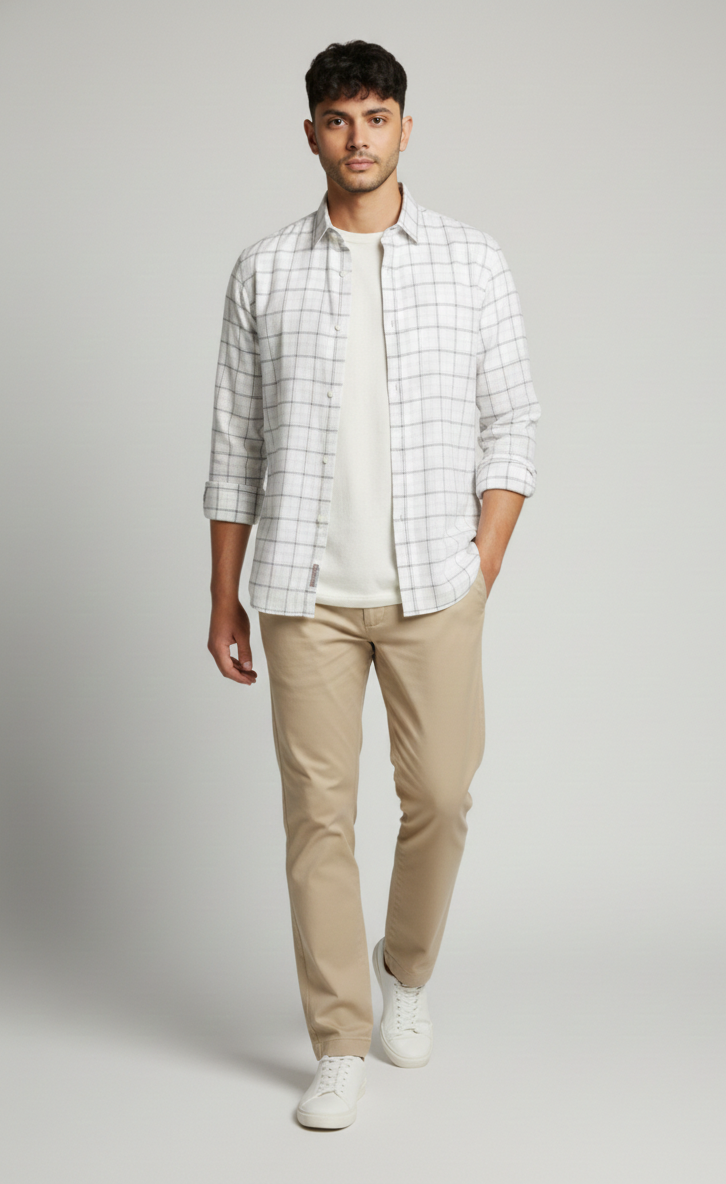 Men’s Off White & Grey Check Shirt – Classic Casual Wear
