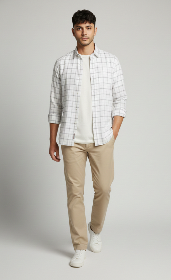 Classic Ivory & Grey Checked Smart Casual Shirt