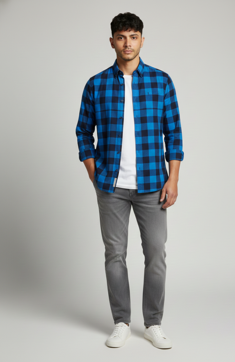 Men’s Blue & Black Check Shirt – Smart Fit Casual Wear
