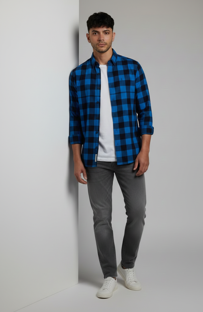 Men’s Blue & Black Check Shirt – Smart Fit Casual Wear